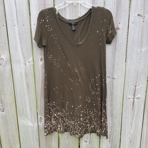 Bleach Splatter Olive Green V Neck Swing Dress - Picture 1 of 6